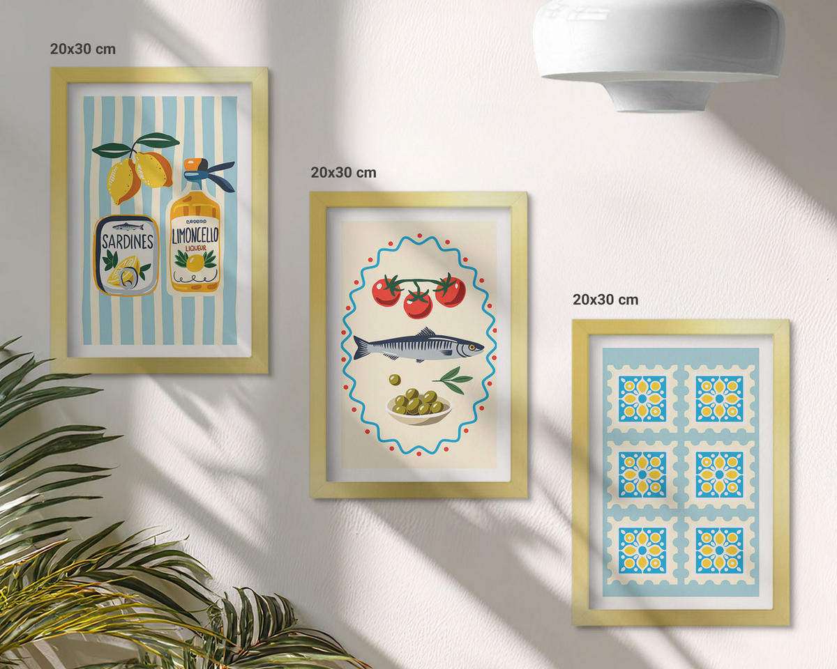 BILDER SET 3er Set - 20x30 cm Goldrahmen - Illustrationen von Küchen im mediterranen Stil - Goldfarben, Kunststoff (20/30cm) - TULUP