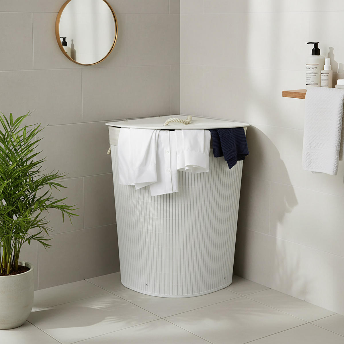 ECKWÄSCHEKORB - Weiß, Holz/Textil (36/60/36cm) - Relaxdays