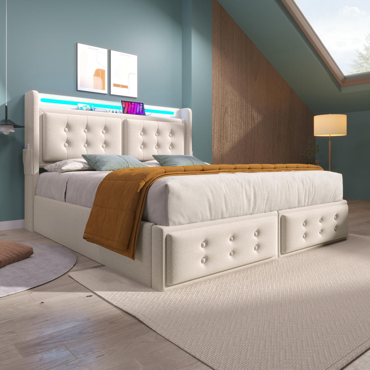 POLSTERBETT 140/200 cm mit LED-Beleuchtung, USB-C und Steckdose, Bettkasten, Baumwoll-Leinenstoff,und Matratze, Beige - Beige, Textil (140/200cm) - Redom