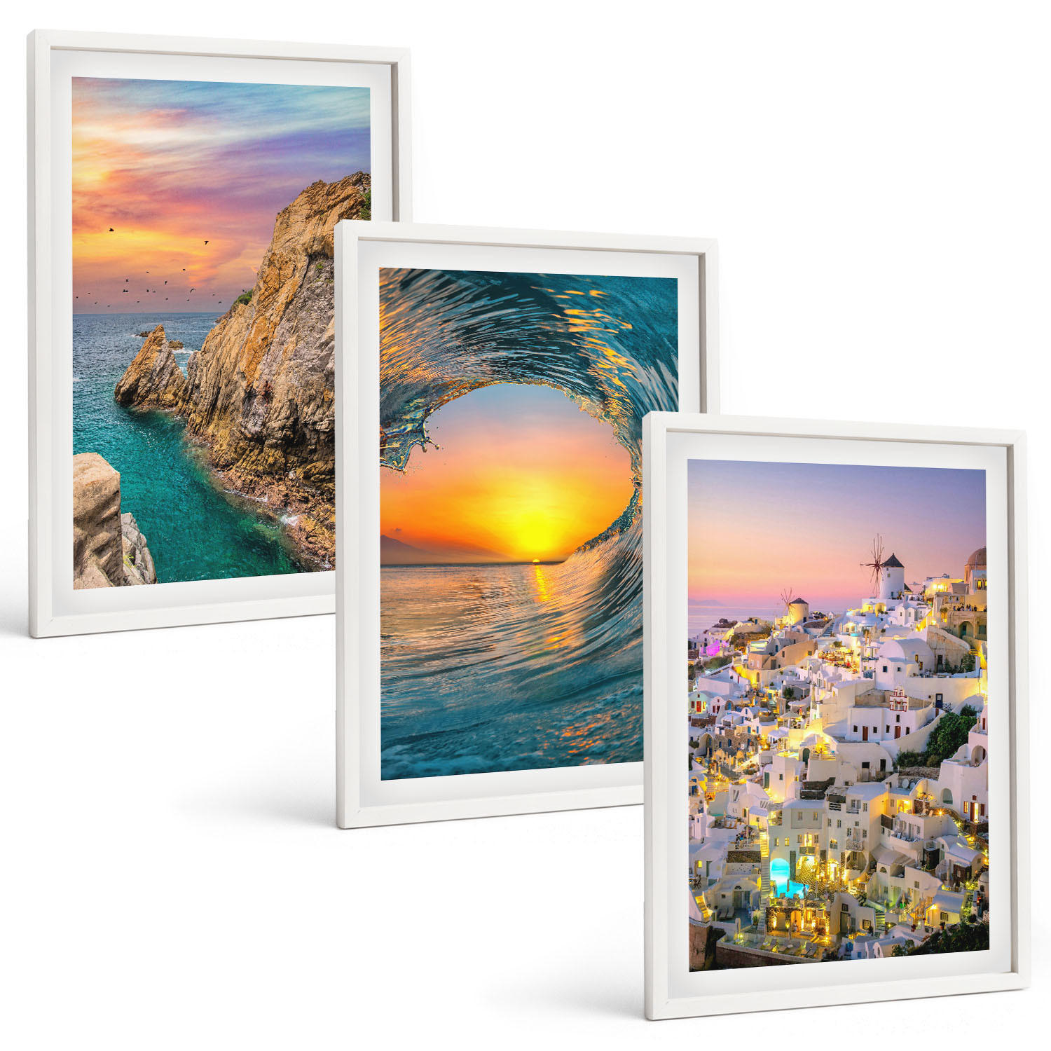 BILDER SET 3er Set - 40x60 cm Weißer Rahmen - Meereswellen, weiße Häuser, Santorini - Weiß, Kunststoff (40/60cm) - TULUP