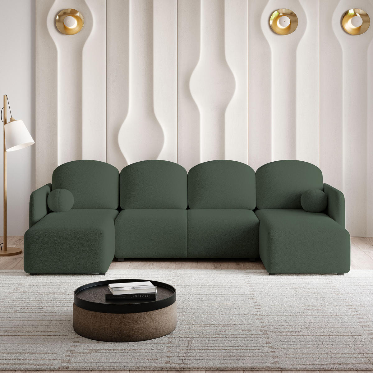 ROHOVÁ SEDAČKA NUBERO zelená barva - šedá/zelená barva, dřevo/textil (285/143cm) - MASSENO