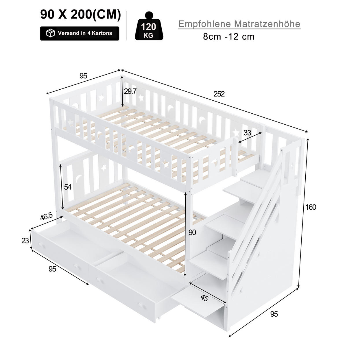 ETAGENBETT 90/200 cm Weiß aus Massivholz mit Stauraumtreppe und Lattenrost - Weiß, Holz (90/200cm) - OKWISH