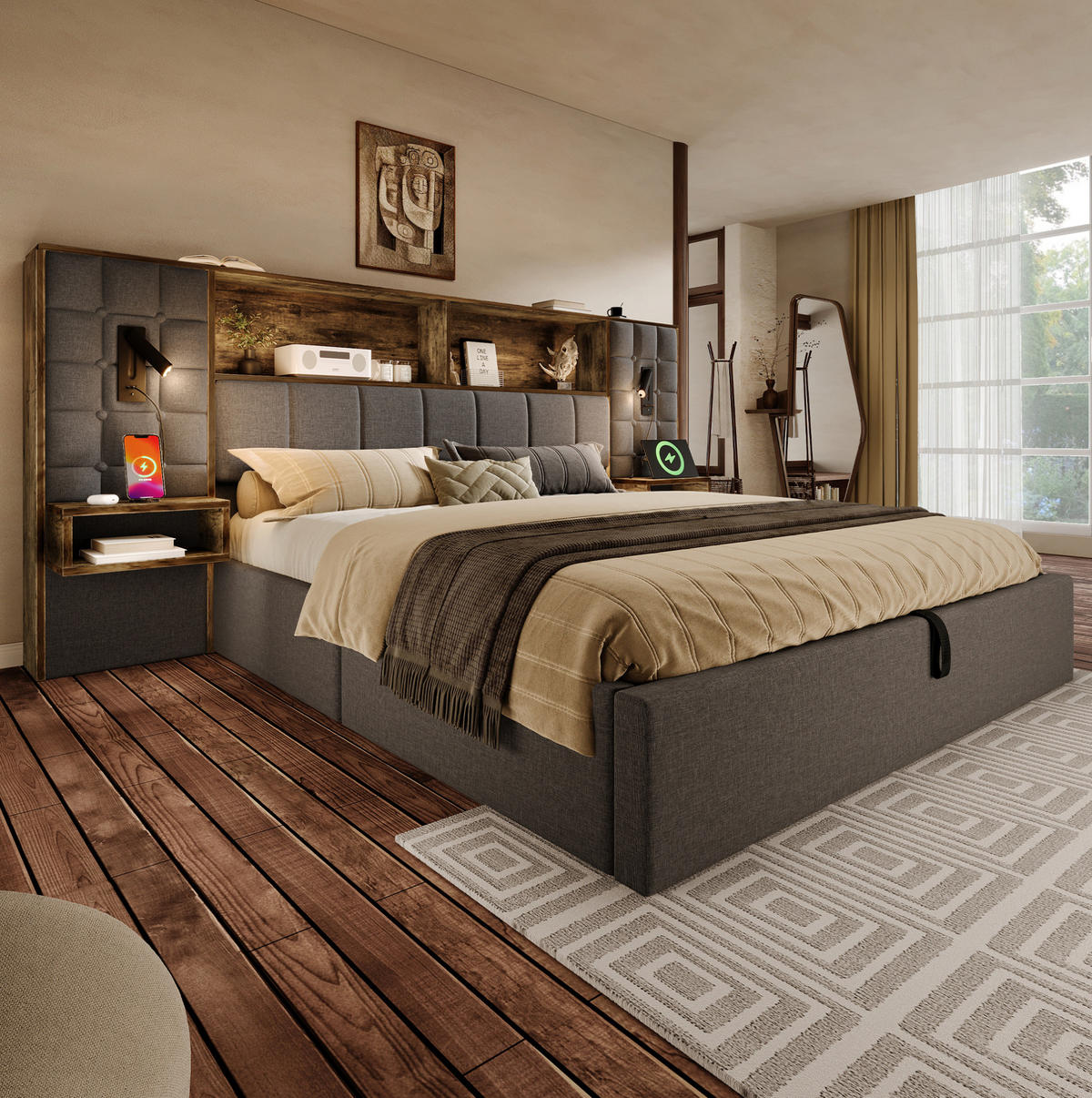 BETT mit Stauraum 160x200 cm Leinen Grau mit 2 Nachttischen - Grau, Metall (160/200cm) - Meubliv