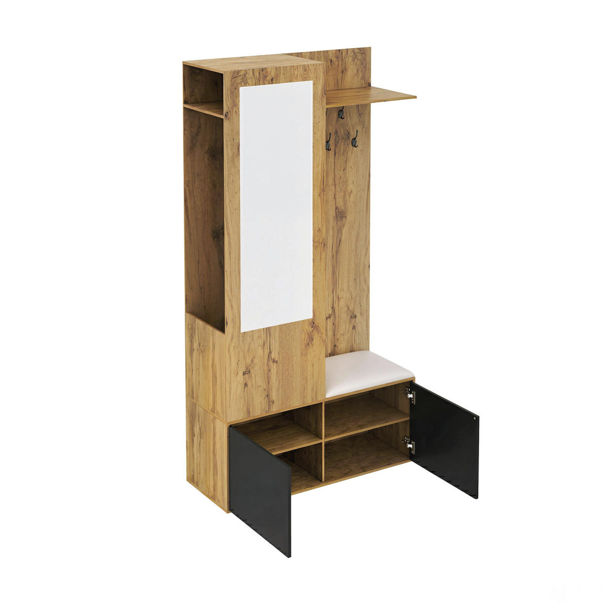 GARDEROBE 100/191/38 cm Schwarz/Natur aus MDF mit Spiegel und Schuhschrank - Schwarz, Holzwerkstoff (38/191/100cm) - OKMYHOME
