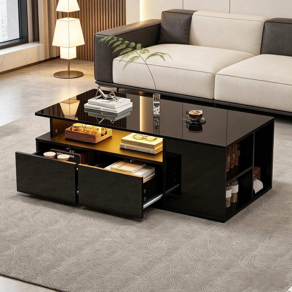 COUCHTISCH LED mit App-Steuerung Hochglanz Oberfläche Schwarz mit Doppelschubladen 60 kg Tragkraft - Schwarz, Holzwerkstoff/Metall (100/50/35cm) - EVRYAE