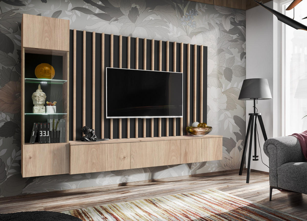 WOHNWAND schwarz, Eiche Jackson 220 cm, Schrankwand mit LED Beleuchtung - Eichefarben/Schwarz, Glas/Holzwerkstoff (220/148/35cm) - Furn.Design