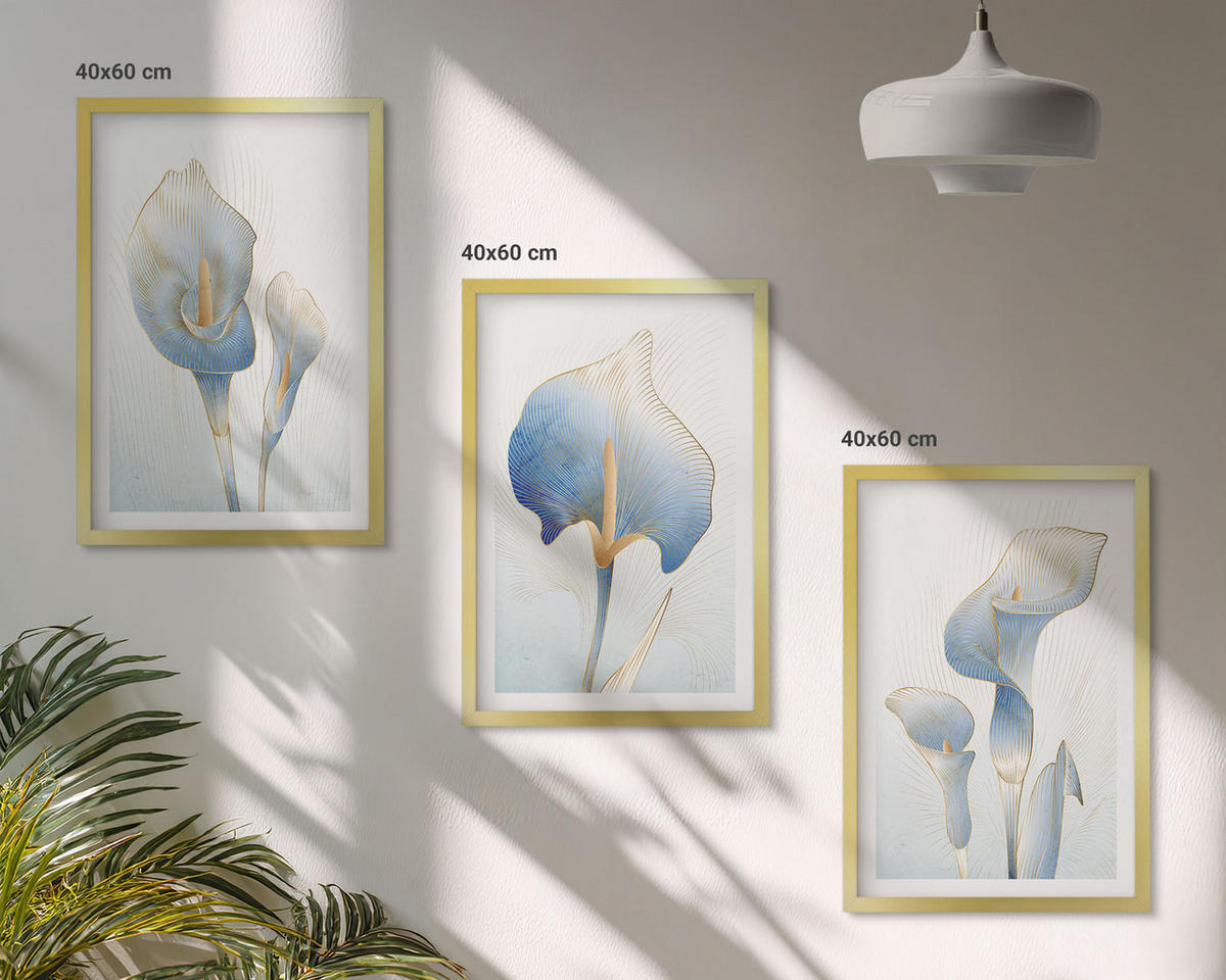 WANDBILDER 3er Set - 40x60 cm Goldrahmen - Blaue Blumen im Hintergrund - Goldfarben, Kunststoff (40/60cm) - ArtPrintCave