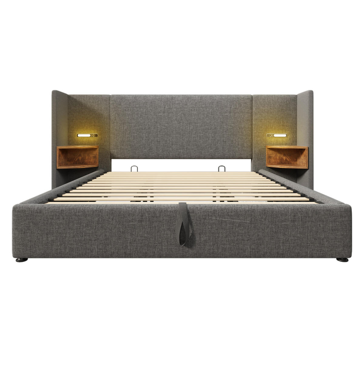 POLSTERBETT aus Leinen 180x200 cm Grau mit Bettkasten, Leselampe und USB-/Type-C-Anschlüssen - Grau, Textil (180/200cm) - IVMEU