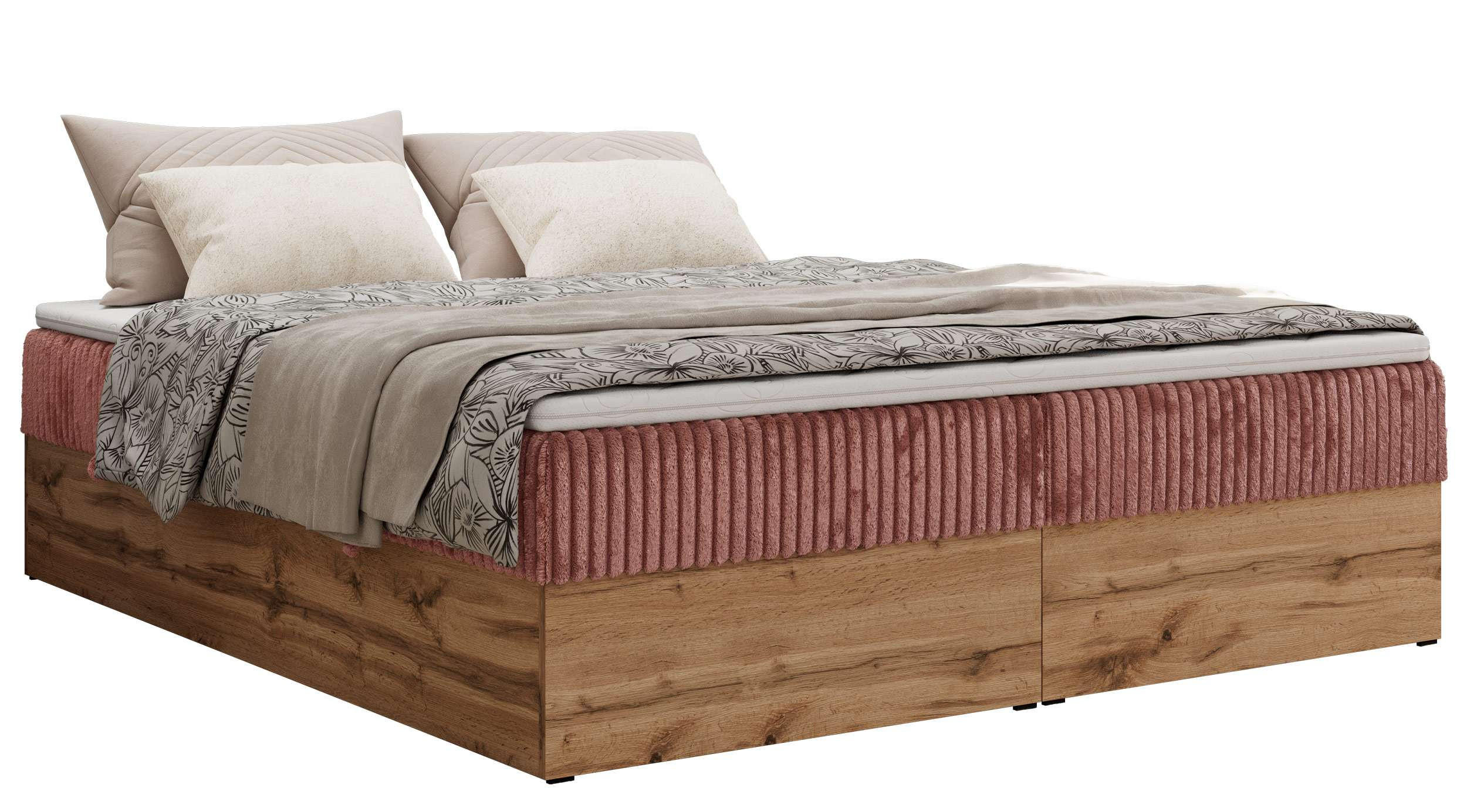 BOXBETT WOOD ZERO 160/200 - Rosa Cord - H3 - Topper Visco - Rosa, Textil (160/200cm) - MKS