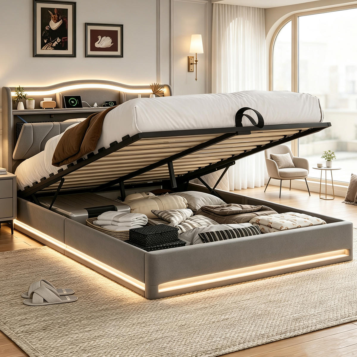 POLSTERBETT 140x200 mit stauraum, doppelbett mit LED, Bettkasten, Lattenrost, USB, Kopfteil, Samtstoff, Grau - Grau, Holz/Textil (140/200cm) - GENKI LIVING
