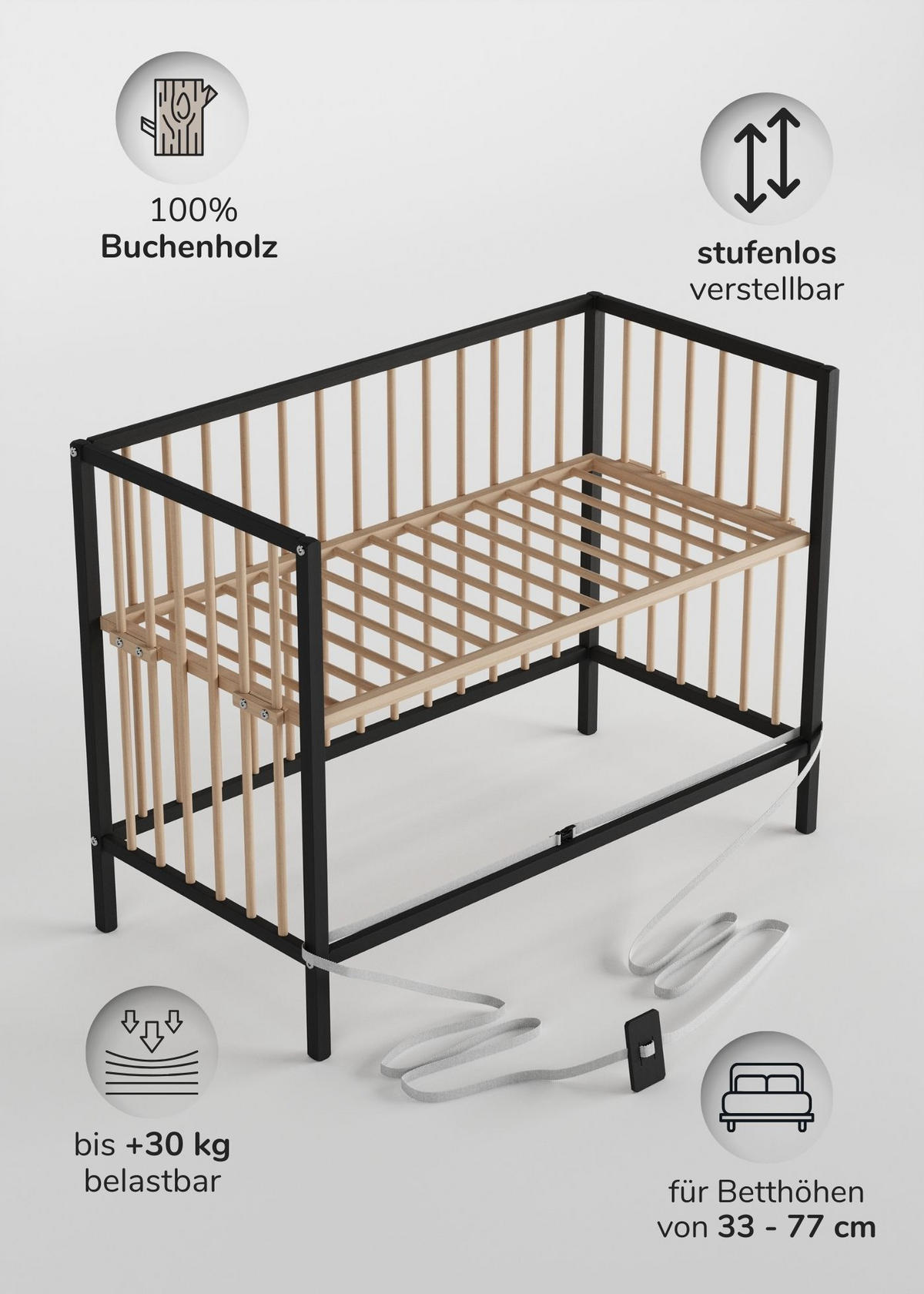 BEISTELLBETT mit Umbauseite - schwarz/natur - Dreamy 4 in 1 Bett - Schwarz/Naturfarben, Holz (120/90/60cm) - Sämann – make a difference.