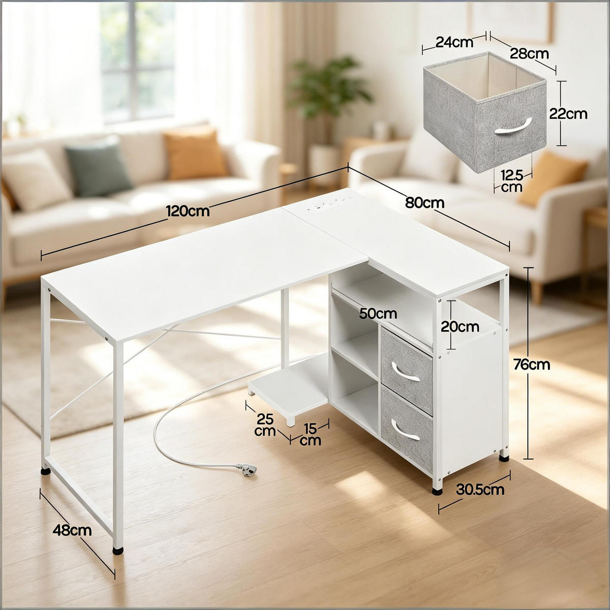 ECKSCHREIBTISCH Weiß 120/80/76 cm mit Stromanschluss USB Typ-C & Stoffschubladen - Weiß, Metall (120/80/76cm) - PANGIVO