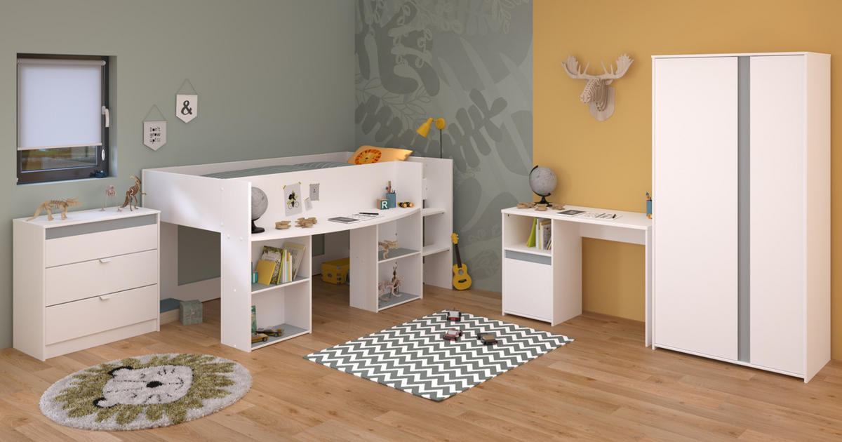 KINDERZIMMER Set 4-teilig, Hochbett 90x200 Kommode Schreibtisch und Kleiderschrank - Weiß, Holzwerkstoff (203/182/132cm) - Parisot Meuble