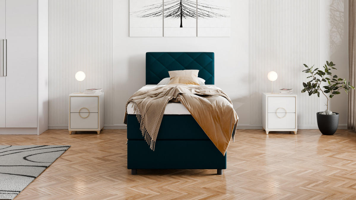 BOXBETT Diamaro 90x200 cm mit Bettkasten und Topper - Dunkeltürkis - Türkis, Holz (96/215cm) - Panda Möbel