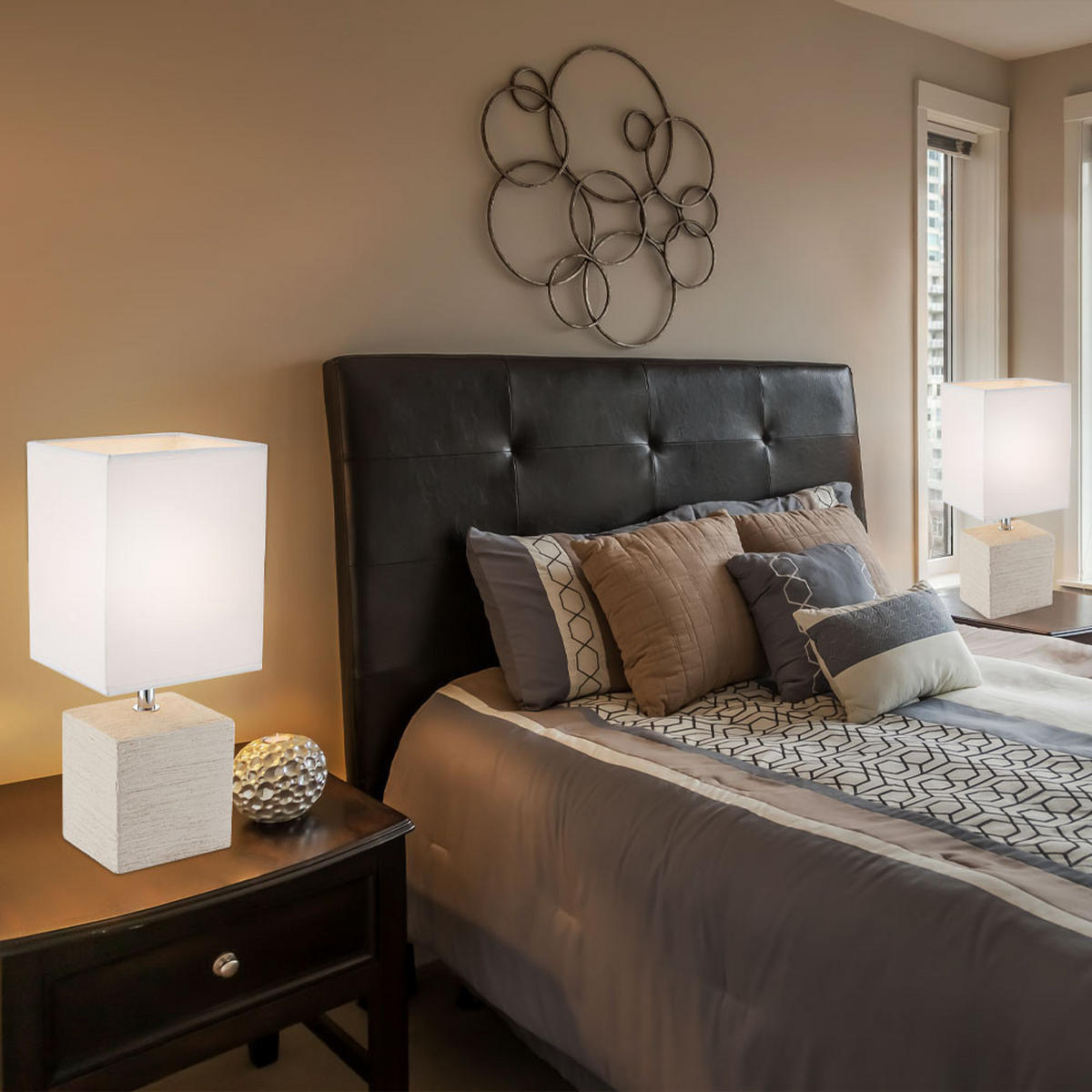 TISCHLEUCHTE Keramik Beige Weiß GERI 2er Set - Weiß, Textil (13/11/29cm) - Globo Lighting