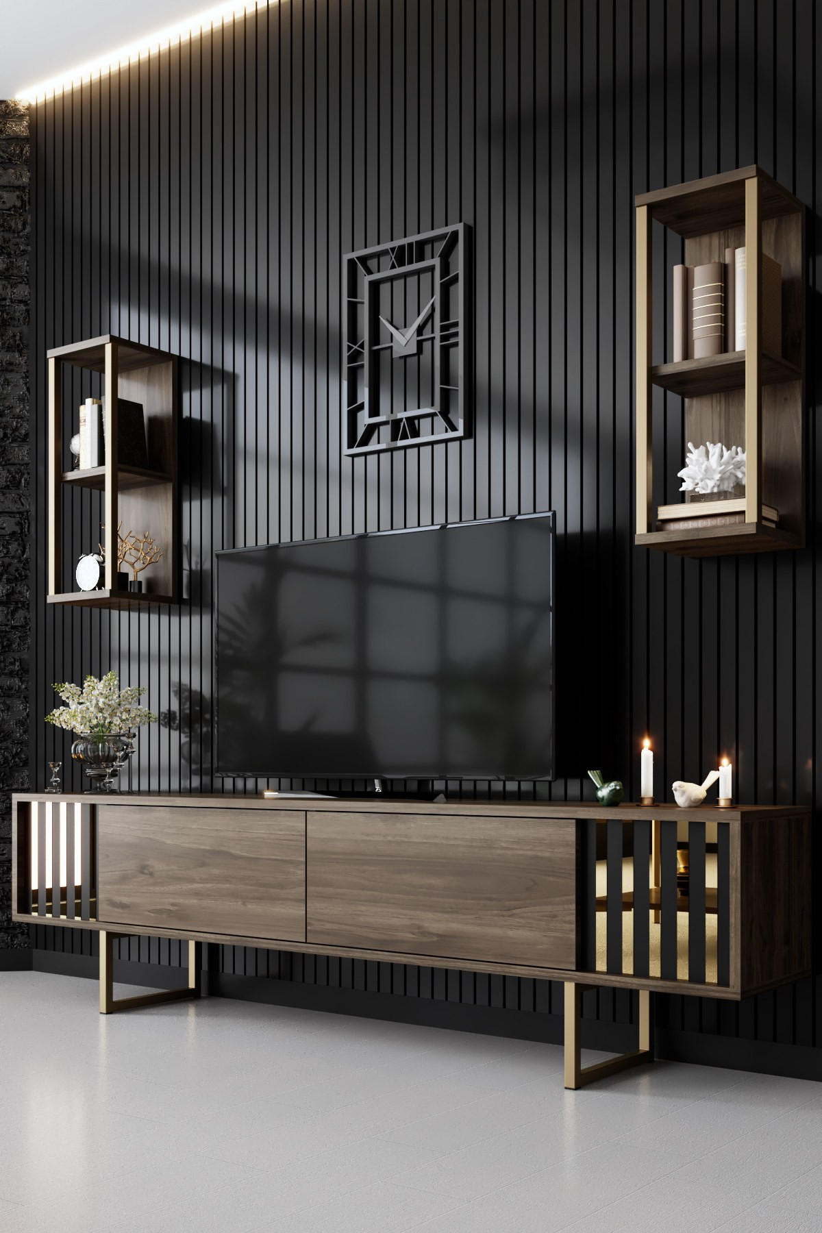 TV-MÖBEL Gold Line Nussbaum-Schwarz - Nussbaumfarben/Schwarz, Holz (180/48/30cm) - Habitat Garten