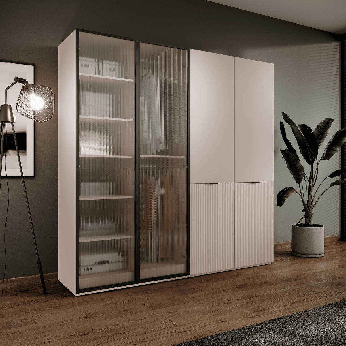 Ravio KLEIDERSCHRANK ZEN (Modular, Beige Matt, Beige & Geriffeltes Glas Flutes, 4-türig) jetzt nur online ➤