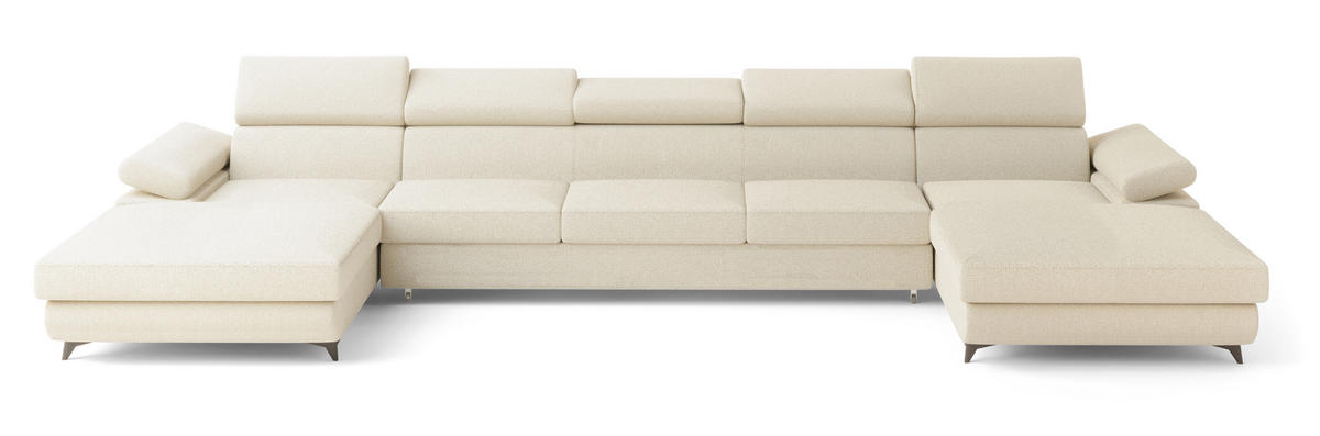 WOHNLANDSCHAFT VIVENTE Creme Boucle-Stoff mit Schlaffunktion - Creme, Holz (410/89/190cm) - MASSENO