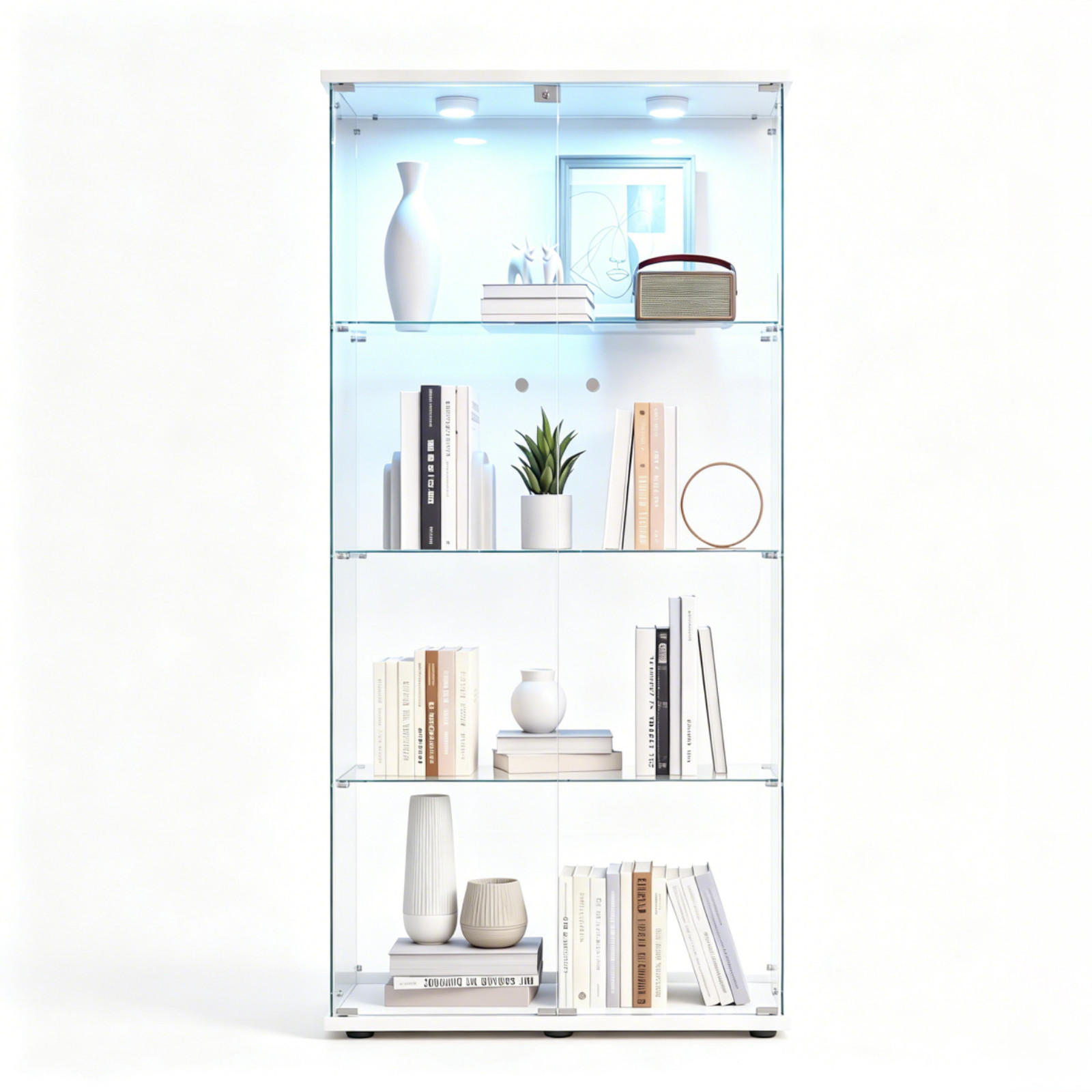 GLASVITRINE LED Weiß mit 2 Tür 4 Etagen mit Schloss,80.49x36.49x163.9cm - Weiß, Glas (36.49/163.9/80.49cm) - BPKADHY