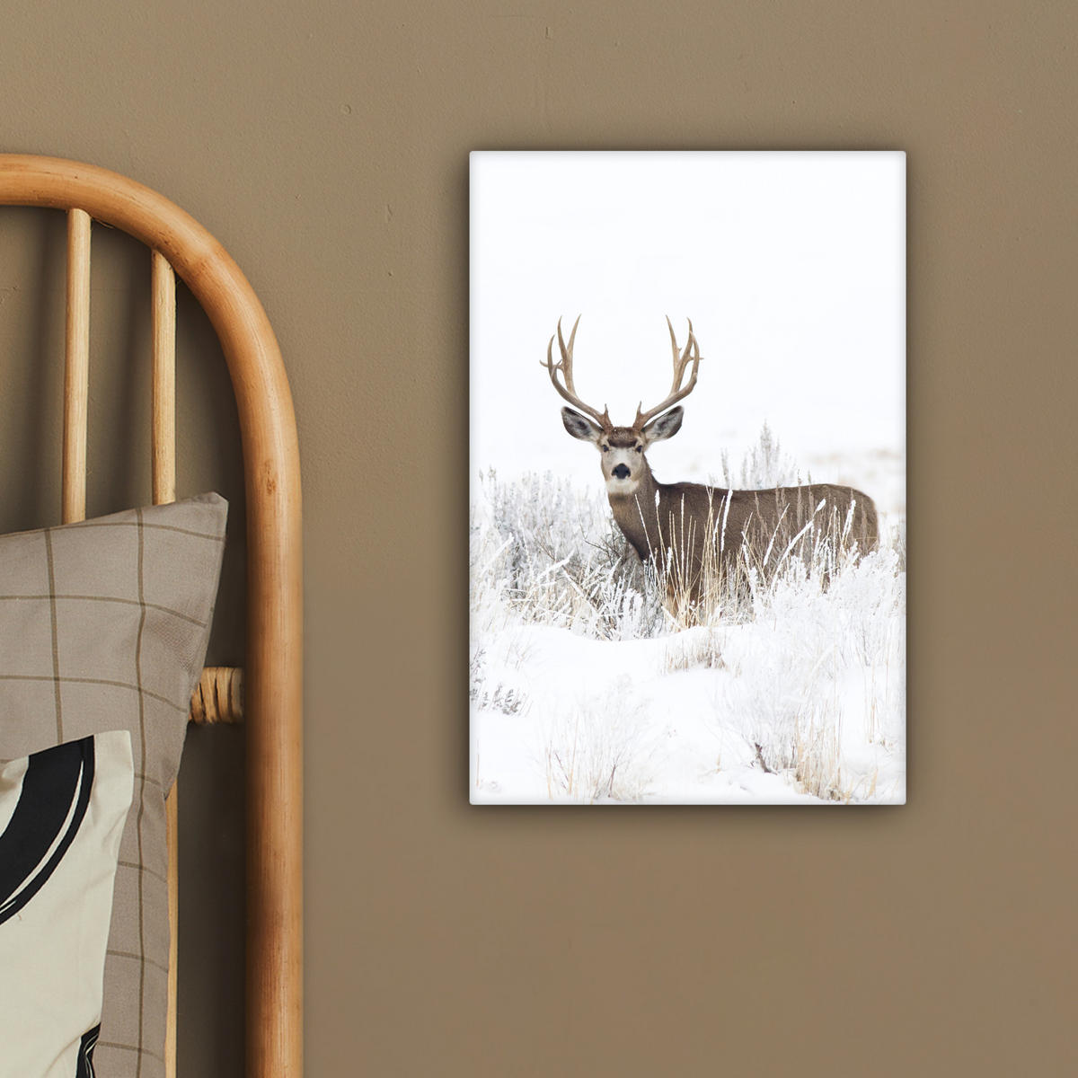 LEINWANDBILD Hirsche - Winter - Schnee - Tiere - Jahreszeiten - Weiß 20x30 cm - Hellbraun, Textil (20/30cm) - MuchoWow