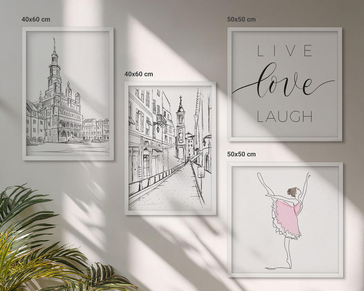 WANDBILDER 4er-Set - 50x50 cm & 40x60 cm Weißer Rahmen - Stilvolle Grafik, Ballerina-Architektur - Weiß, Kunststoff (50/50cm) - ArtPrintCave