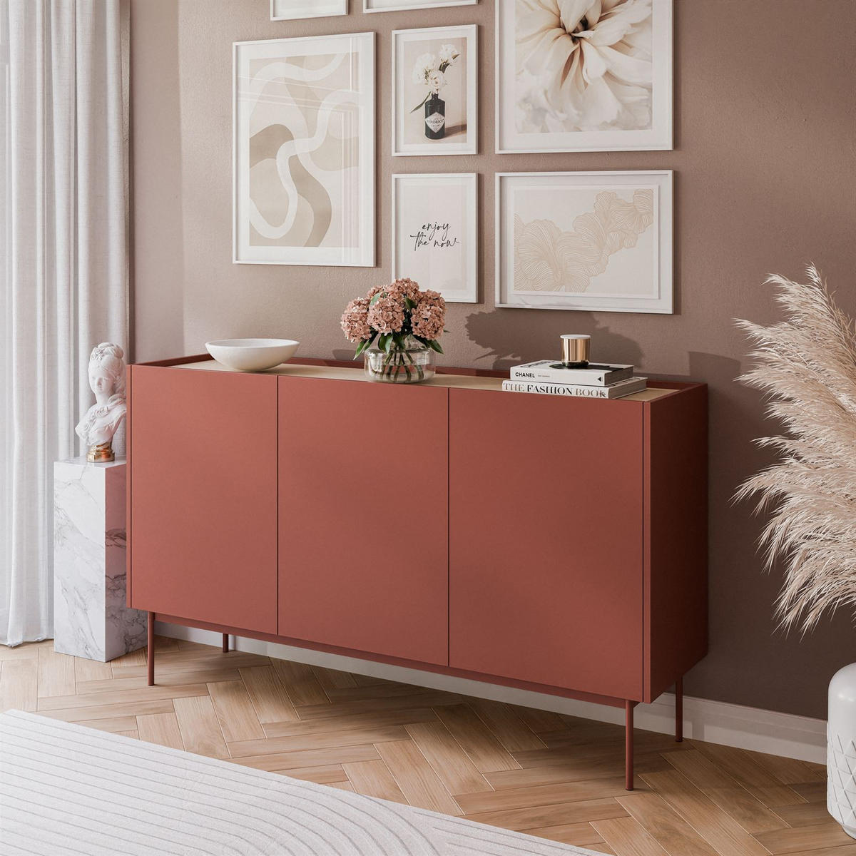 KOMMODE Dreitürige ESSENCE 3D K144 Keramik Rot / Eiche Linea - Eichefarben/Rot, Holzwerkstoff (144/86/37cm) - Lookway