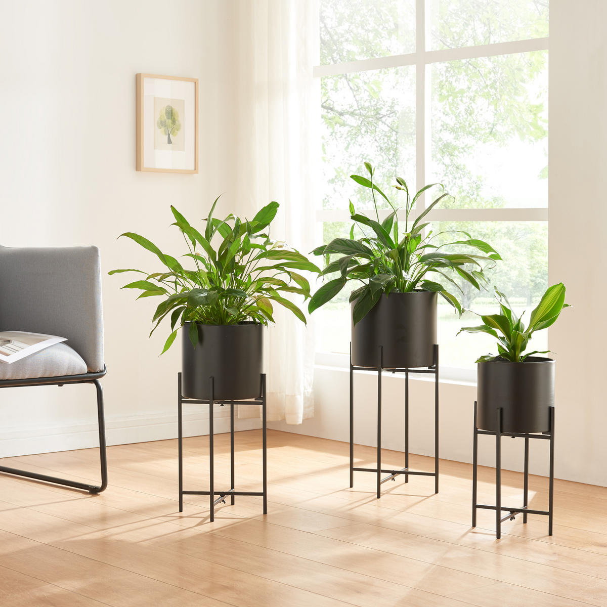 PFLANZENSTÄNDER-SET 3 TLG. Orsa - Schwarz, Metall (23/54/23cm) - [en.casa]