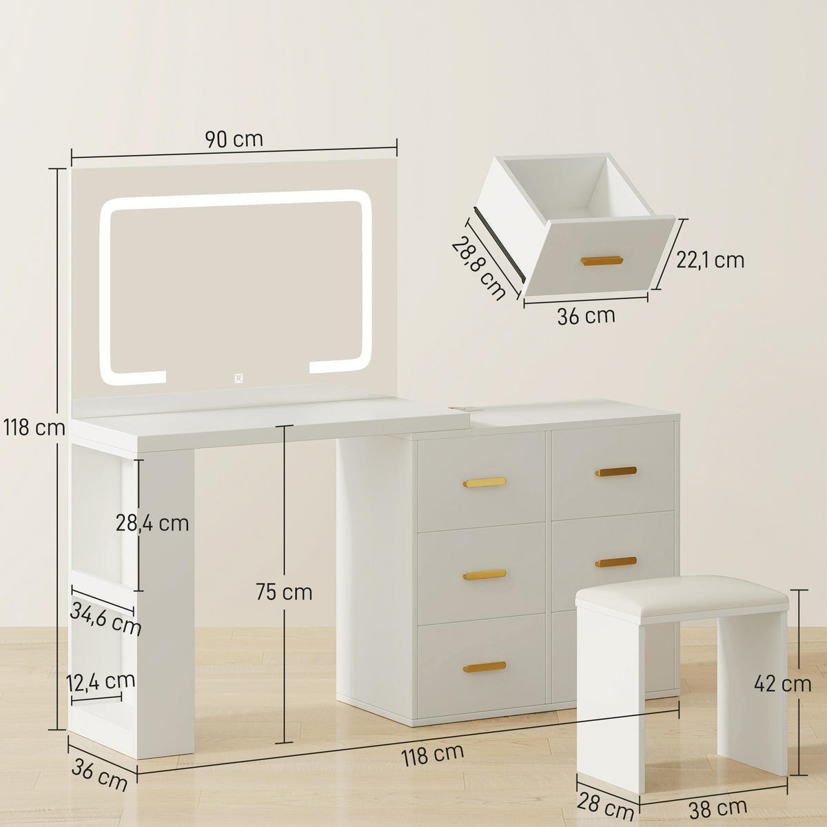 SCHMINKTISCH DE-18306 Weiß - Weiß, Holzwerkstoff (78/135/118cm) - ComfortXL
