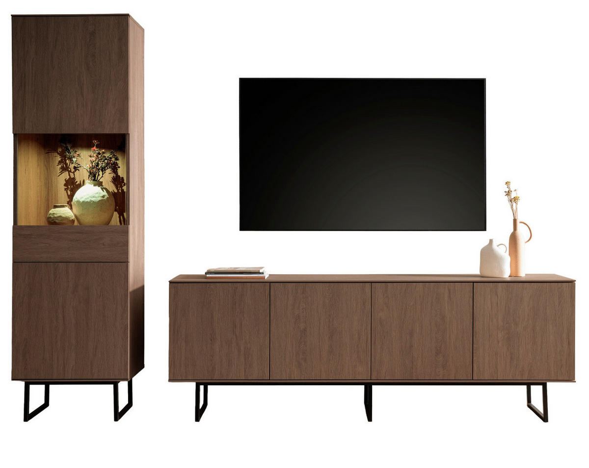 WOHNWAND in Nussbaum 2-teilig 273 cm, Wohnkombination mit Push-to-Open - Nussbaumfarben/Schwarz, Glas/Holzwerkstoff (273/200/40cm) - Furn.Design