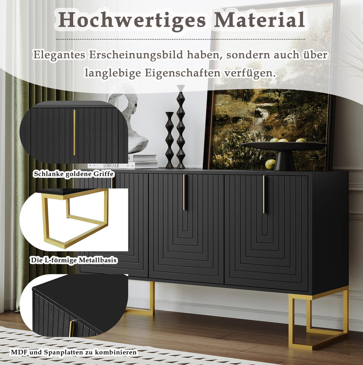 SIDEBOARD aus MDF 138x40x80 cm Schwarz mit 3 Türen, verstellbaren Regalböden und U-förmiger Frontstruktur - Schwarz, Holzwerkstoff (138/80.5/40cm) - Modfu