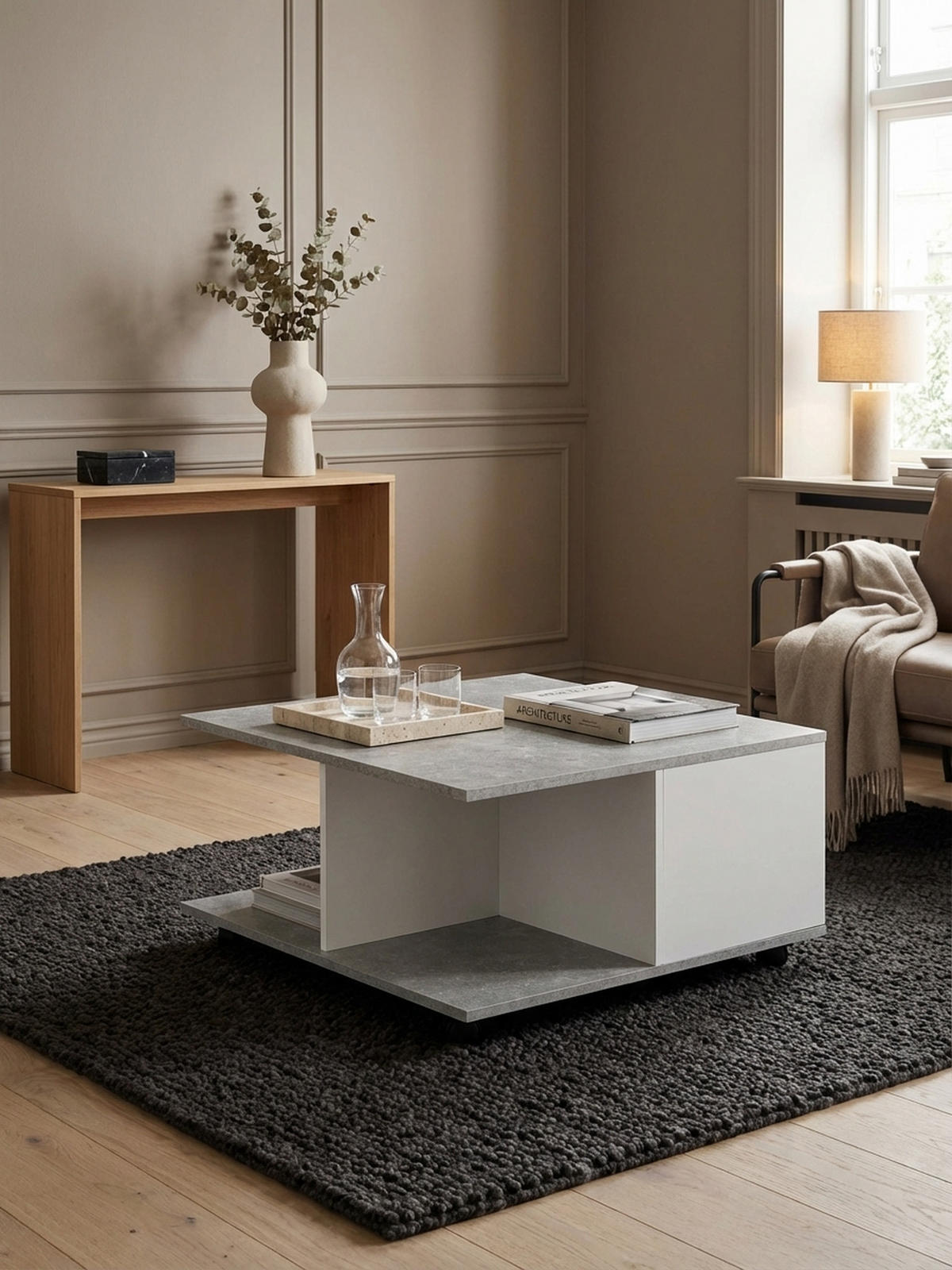 COUCHTISCH mit Rollen, Melaminharzbeschichtung und 2 Schubladen, Grau 70x70x36 cm - Grau, Holz (70/70/36cm) - KADIMA DESIGN