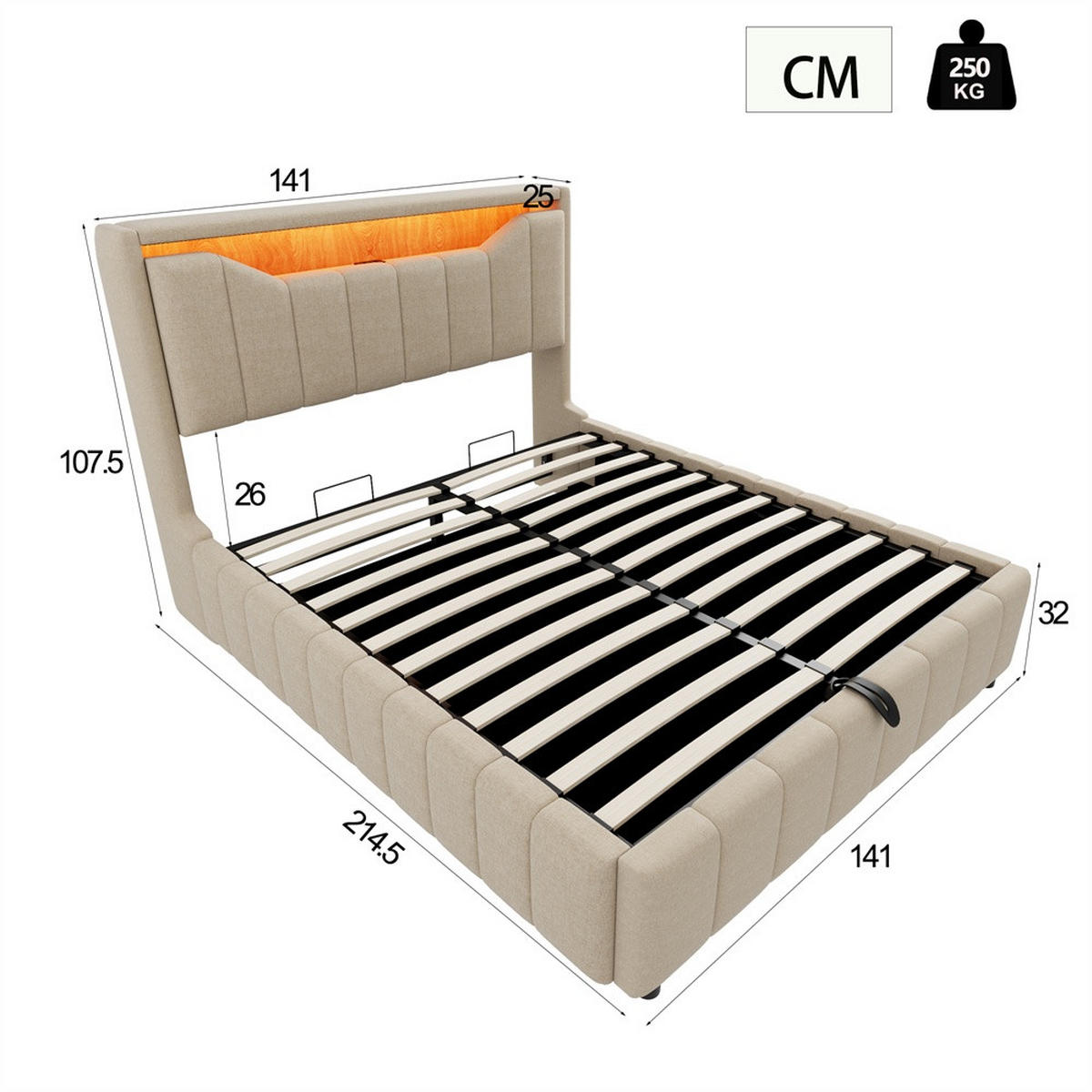 POLSTERBETT 140x200 cm mit hydraulischem Stauraum - klappbarem Kopfteil, LED & USB - Beige - ohne Matratze - Beige, Textil (140/200cm) - DELFA