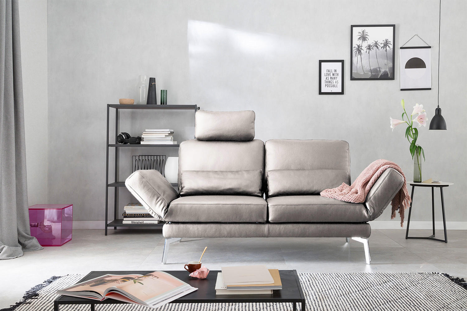 Thumbnail - Kawola Ledersofa, Hellgrau, Leder, Echtholz, 2-Sitzer, Füllung: Kaltschaum, 170x87x141 cm, Wohnzimmer, Sofas & Couches, ...
