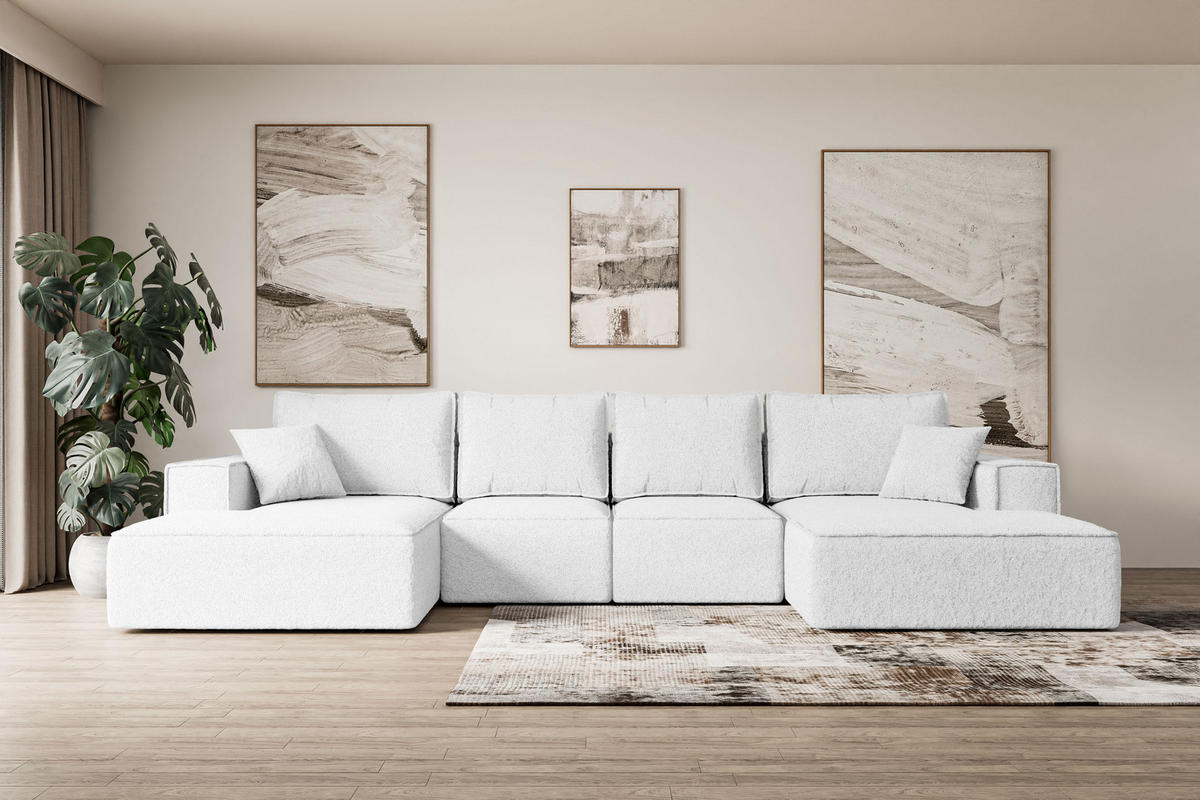 WOHNLANDSCHAFT mit Schlaffunktion und Bettkasten SIERRA-U-S - 349x161x87 cm Weiß Bouclé - Schwarz/Weiß, Holzwerkstoff/Kunststoff (349/87/161cm) - ALTDECOR