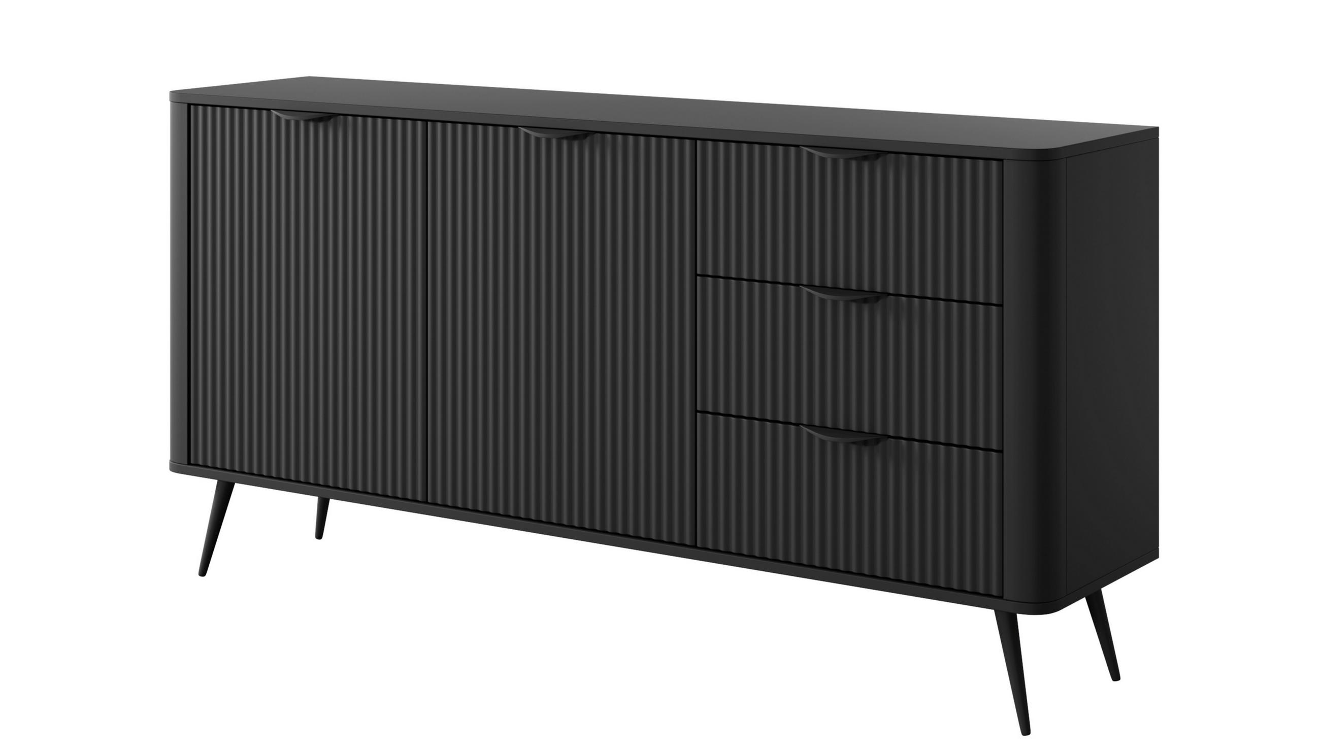 SIDEBOARD Vespasia 2T 3S Schwarz 163,2/81,2/38 cm – Geriffelten Fronten - Schwarz, Holzwerkstoff/Metall (163.2/81.2/38cm) - AX Living