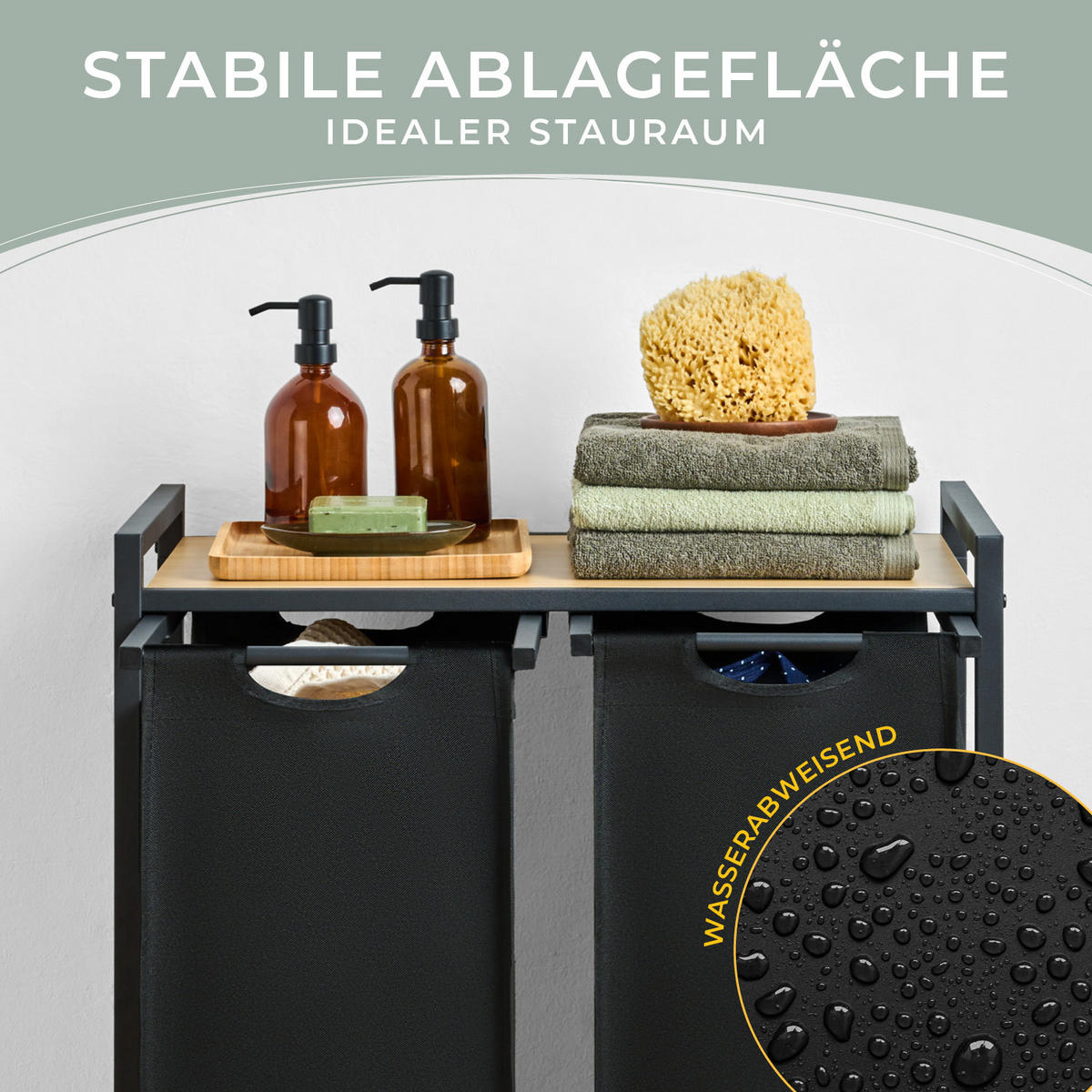 WÄSCHESAMMLER 2 Fächer Schwarz - Wäschekorb mit Ablage in Bambus-Optik - Wäschesortierer 2 Fächer - Ahornfarben, Textil (64.5/73/36cm) - Blumtal