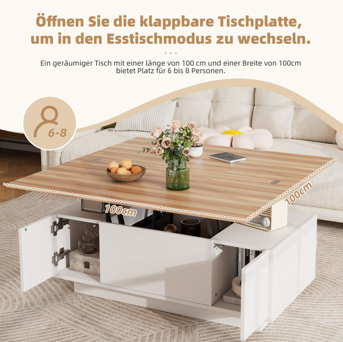 COUCHTISCH aus Spanplatte 100x50x55,5 cm Weiß mit Holzoptik, Doppel-Hebemechanismus und Stauraum - Weiß, Holzwerkstoff (100/50/55.5cm) - IVMEU
