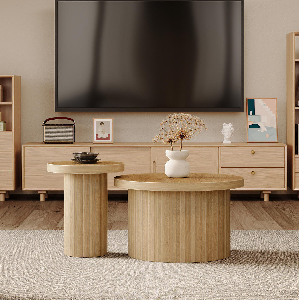 SADA konferenčních stolků 66/66/40 cm přírodní z MDF zasouvací - přírodní, kompozitní dřevo (66/66/40cm) - OKWISH