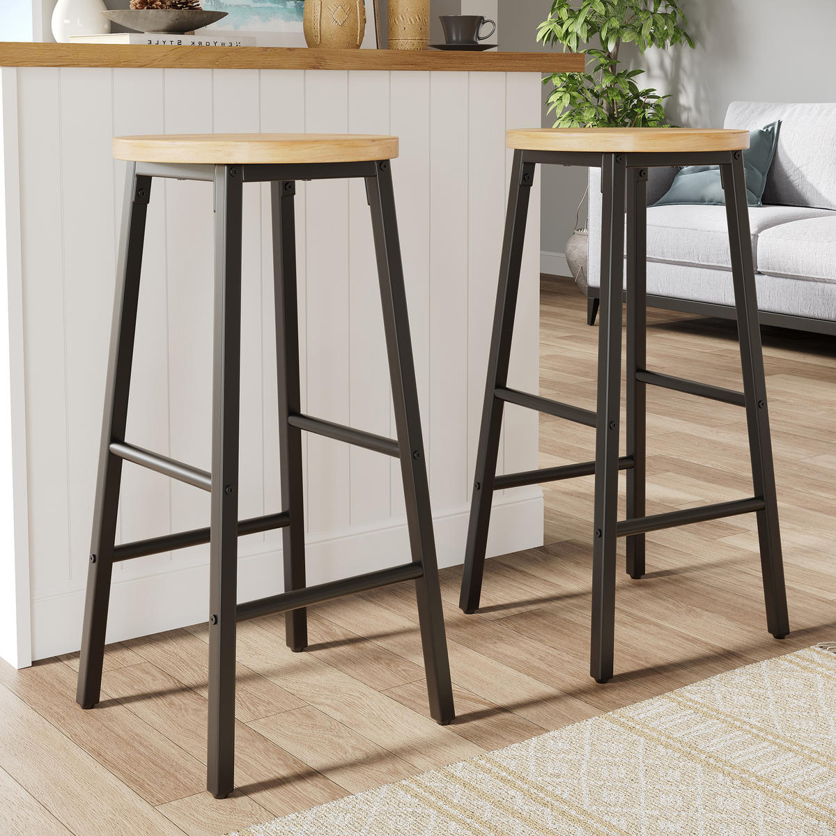 BARHOCKER 2er Set 63cm Holzoptik Sitz Schwarz Metall - Schwarz, Metall (30/63/30cm) - FLIEKS