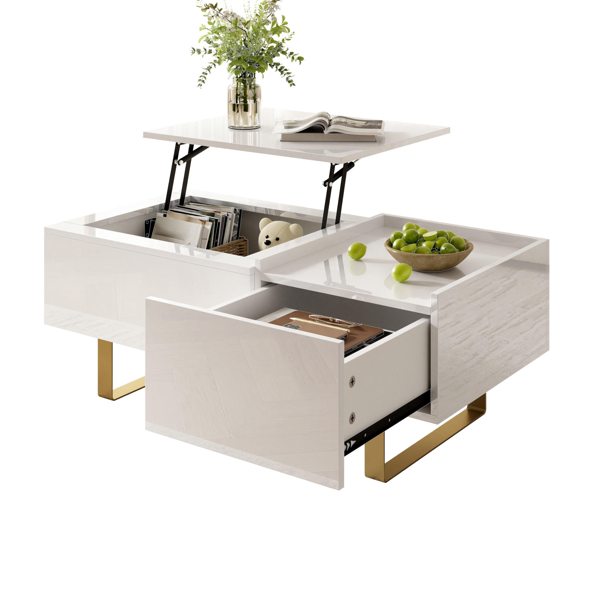 COUCHTISCH Höhenverstellbar MDF Hochglanz Schublade - Weiß, Holzwerkstoff (50/100/54.5cm) - FLIEKS