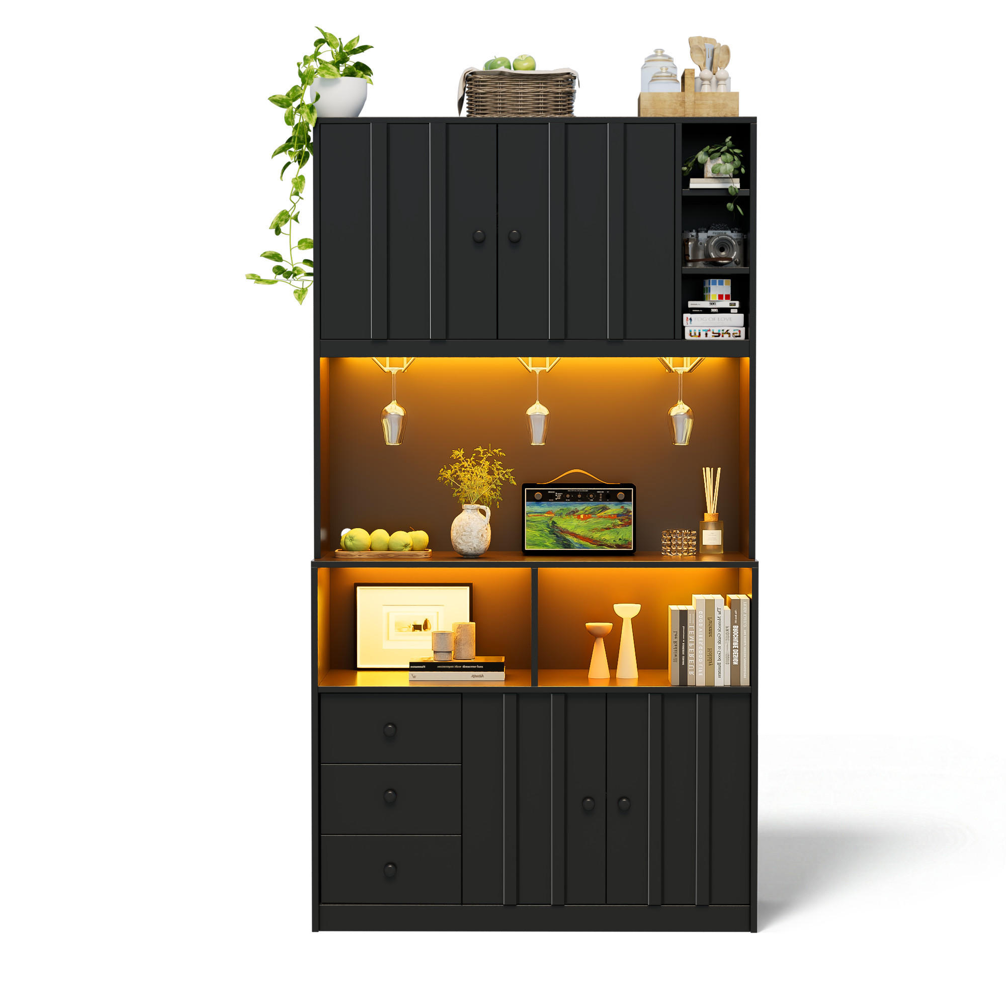 BUFFET 180 cm MDF Schwarz mit RGB-LED, Weinglashalter und Vitrine - Schwarz, Holzwerkstoff (40/180/100cm) - Korfee
