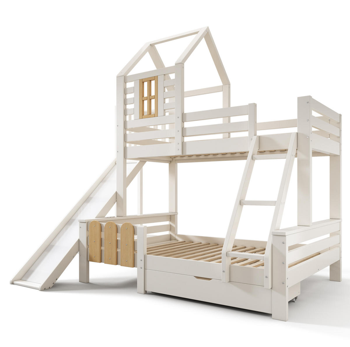ETAGENBETT 90/140/200 cm mit Rutsche, Leiter und Schublade, Blockhaus-Optik und Metall, Weiß/Natur - Weiß, Metall (90/200cm) - Redom