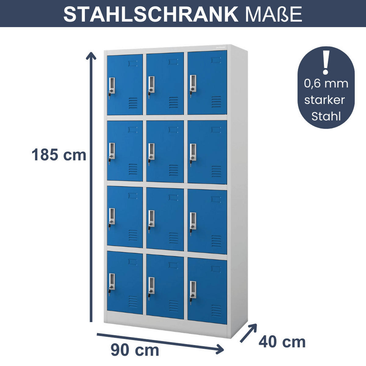 SCHLIESSFACHSCHRANK Spind BERN 12 Fächer185x90x40cm Grau-Blau - Grau, Metall (90/185/40cm) - DELUKE