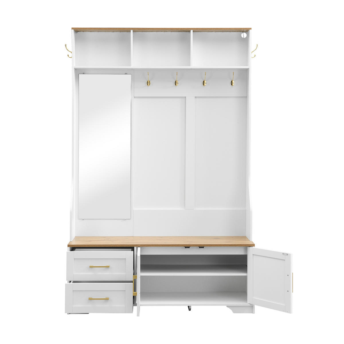 DIELENGARDEROBE 120/40/187 cm mit Spiegel, Sitzbank und LED in Weiß/Holzfarbe - Weiß, Holzwerkstoff (40/187/120cm) - BEAOK