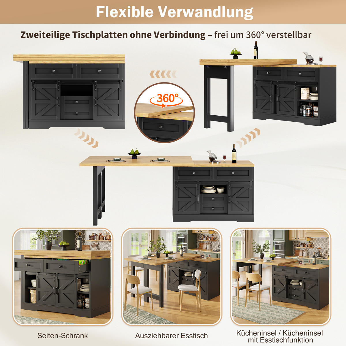 KÜCHENINSEL Drehbar Stauraum Modern - Schwarz, Holzwerkstoff (120/72/40cm) - FLIEKS