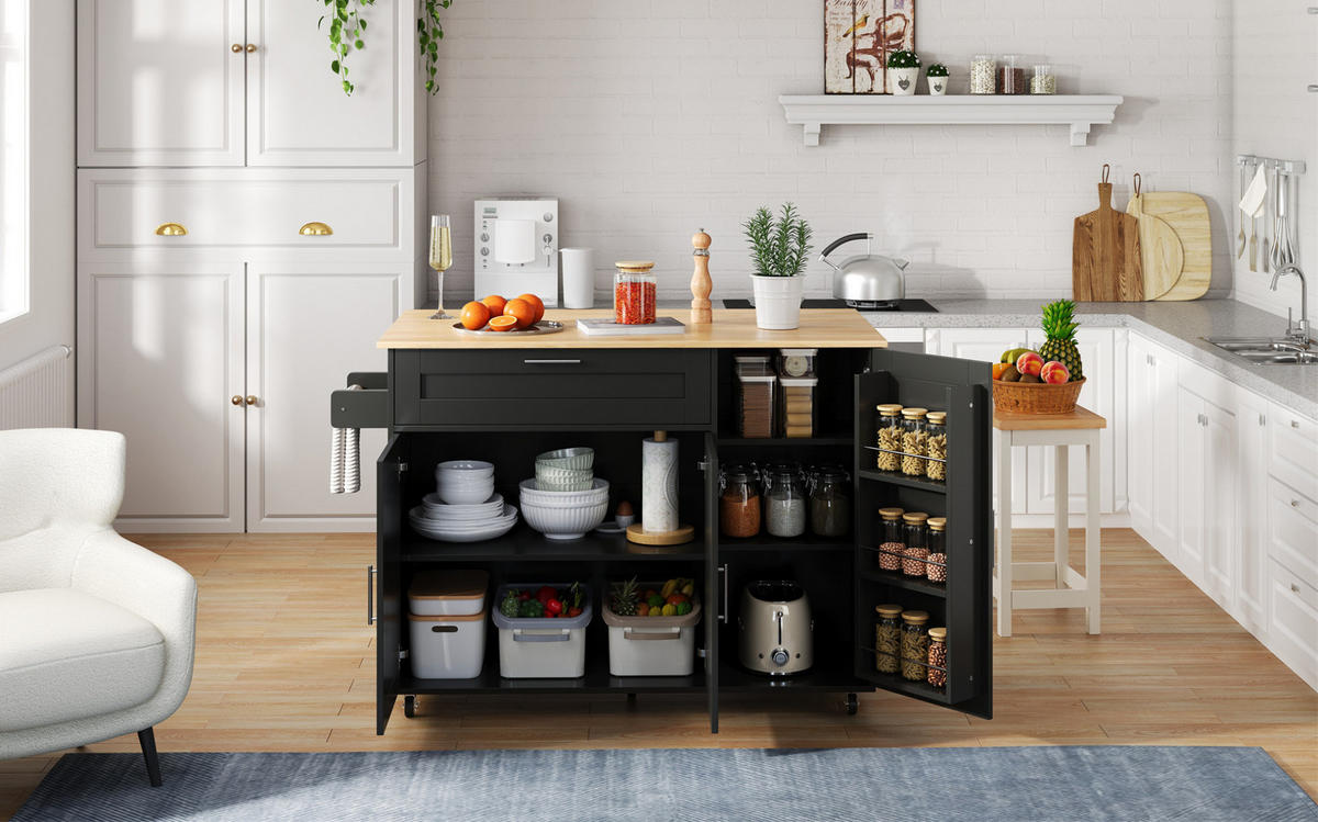 KÜCHENINSEL 132,5/90/44(70) cm Schwarz/Natur aus MDF mit klappbarer Arbeitsplatte - Schwarz, Holzwerkstoff (44/90/132.5cm) - OKMYHOME