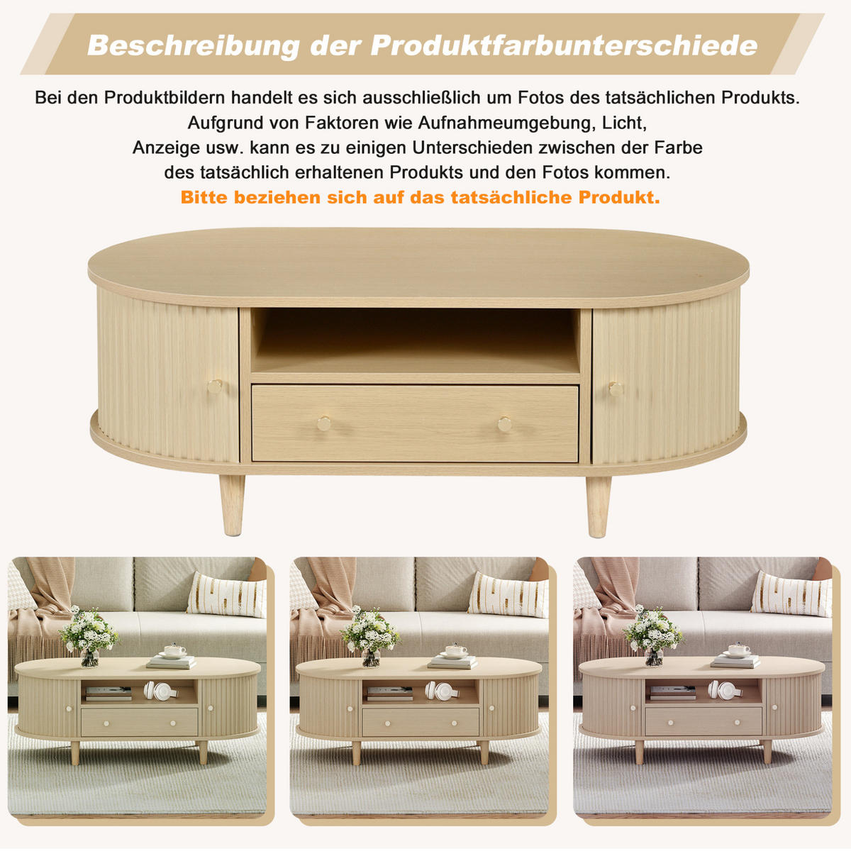 COUCHTISCH 100/50/36 cm mit Schublade, offener Ablage und Rolltür aus MDF, Eichefarben - Eichefarben, Holzwerkstoff (100/50/36cm) - Redom