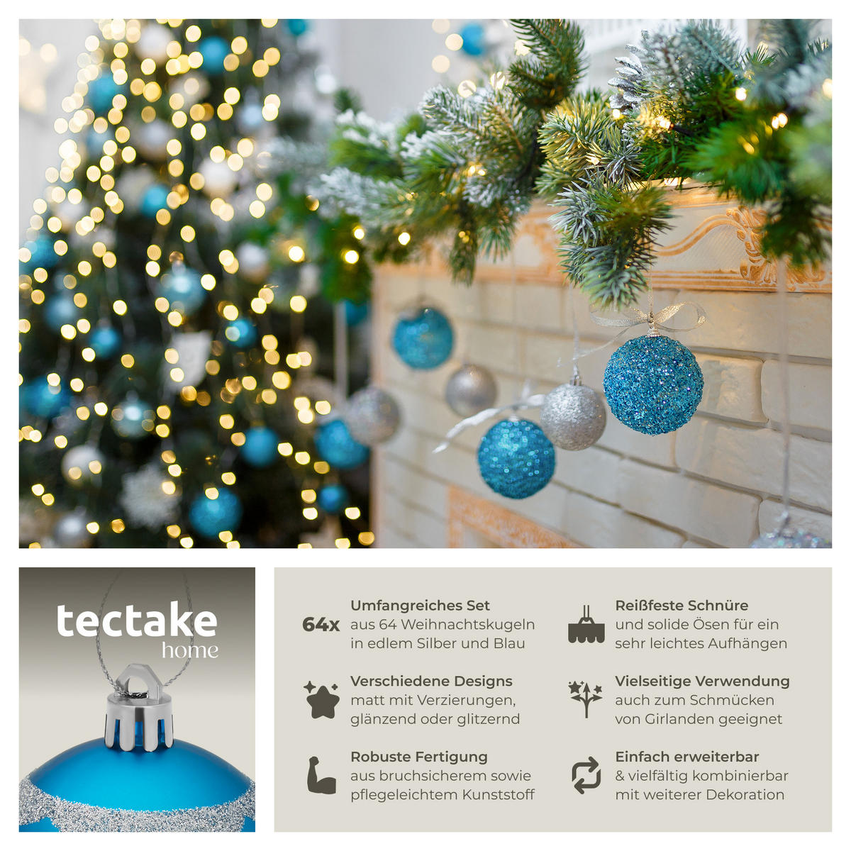 WEIHNACHTSKUGELN ,Durchmesser 6 cm,silber/blau - Blau/Silberfarben, Textil (6/6/6cm) - tectake