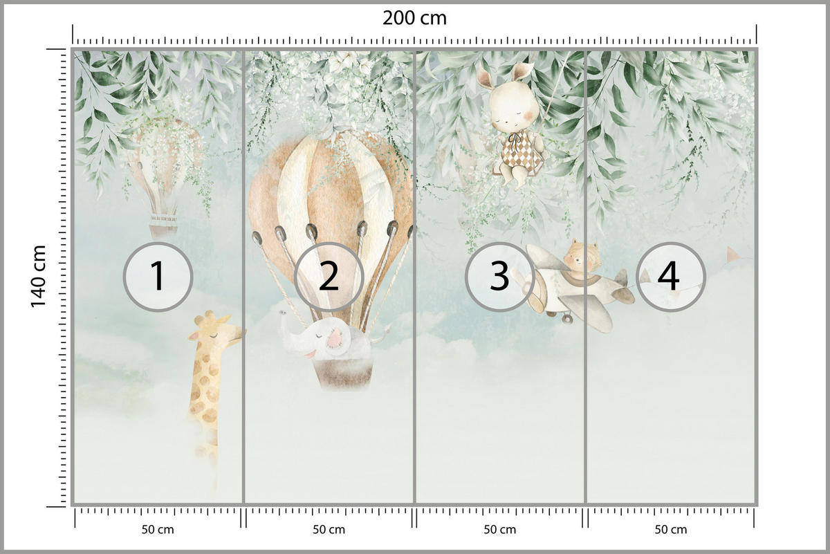 FOTOTAPETE für Kinderzimmer Tiere Wolken Ballons Giraffe Elefant 200x140 - Beige/Braun, Papier (200/140cm) - Muralo