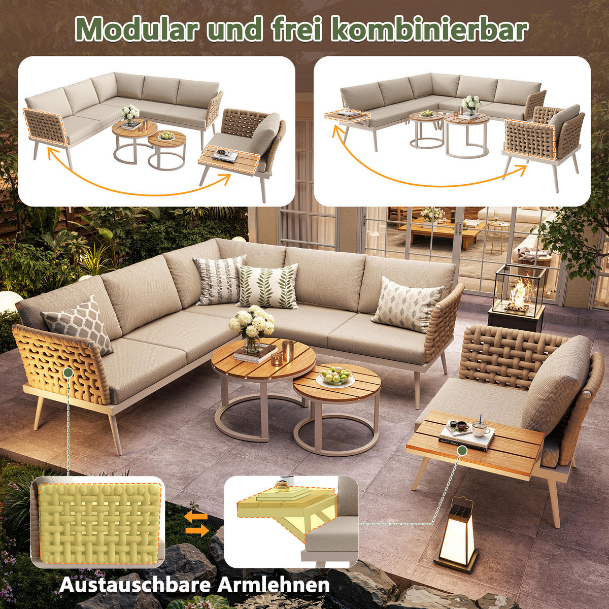GARTENSET L-Form 6 Personen Beige Inkl. 2 Tische & Sessel Mit Polstern - Beige, Metall - FLIEKS